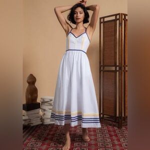 NWT! Rosie Assoulin Midi Faux Leather Trimmed White Cotton Poplin Dress Size 0